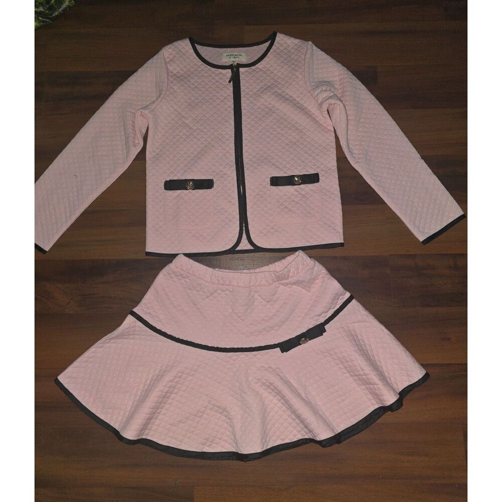 Richie House Girls 9/10 Pink Quilted Jacket Skirt 2 Piece Set Black Bows
